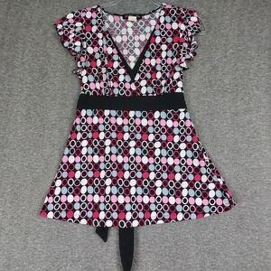 VOLUME ONE WOMENS Y2K PINK BLACK GEOMETRIC FLUTTER SLEEVE BABY DOLL TOP SIZE S/M
